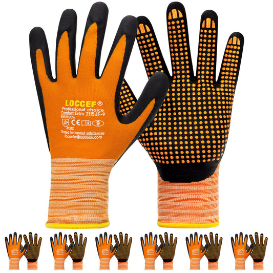 Work Gloves MicroFoam Nitrile Coated-6 Pairs,Endurance Seamless Knit Nylon,Dots on palm,Tacky Dot Grip Gloves,Orange