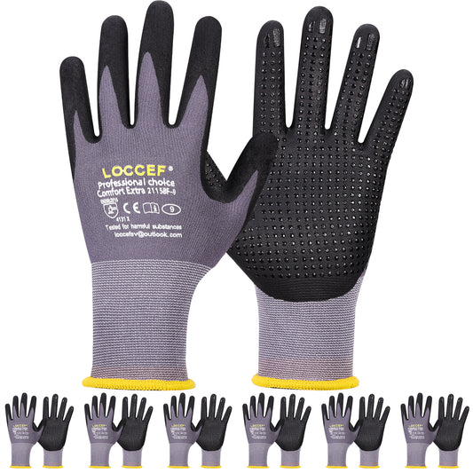 Work Gloves MicroFoam Nitrile Coated-6 Pairs,Endurance Seamless Knit Nylon,Dots on palm,Tacky Dot Grip Gloves